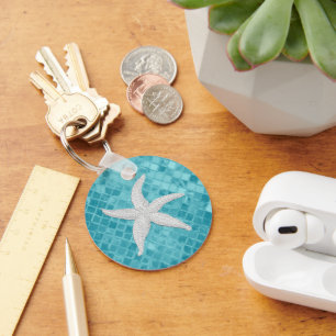 White Starfish Aqua Sea Glass Pattern Keychain