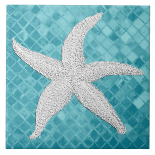 White Starfish Aqua Sea Glass Pattern Tile