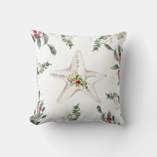 White Starfish Beach Christmas Holiday Throw Pillow