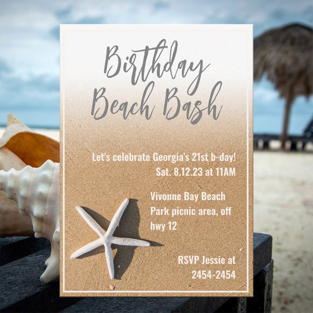 White Starfish & Beach Sand Summer Birthday Party Invitation (Creator Uploaded)