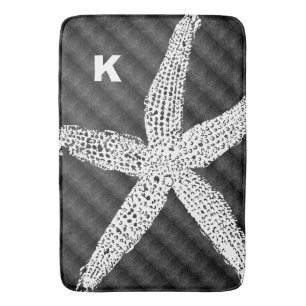 White Starfish Black Pattern Monogram Initial Name Bath Mat