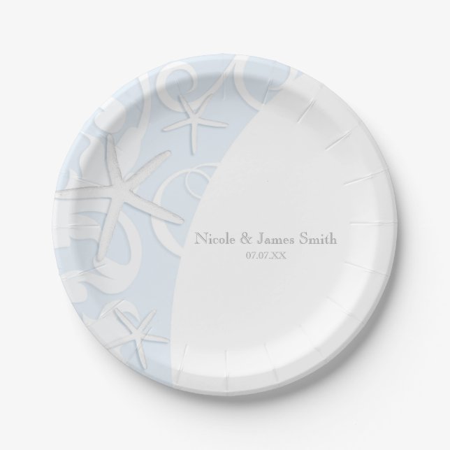 White Starfish Blue Beach Elegant Wedding Paper Plate (Front)