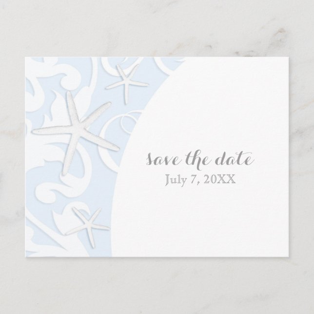 White Starfish Blue Beach Wedding Save The Date Announcement Postcard (Front)