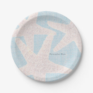 White Starfish & Blue Burlap Beach Party Reception Paper Plate