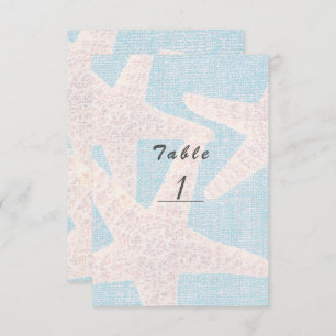 White Starfish & Blue Burlap Beach Table Number