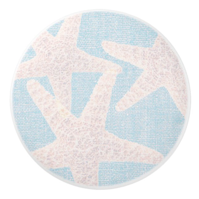 White Starfish & Blue Burlap Elegant Beach Ceramic Knob (Front)
