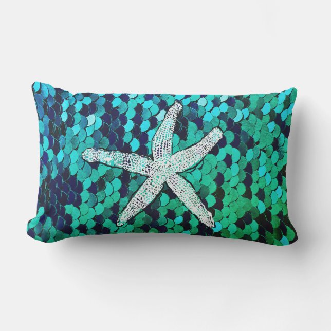 White Starfish Glittery Mermaid Sequins Green Blue Lumbar Pillow (Front)
