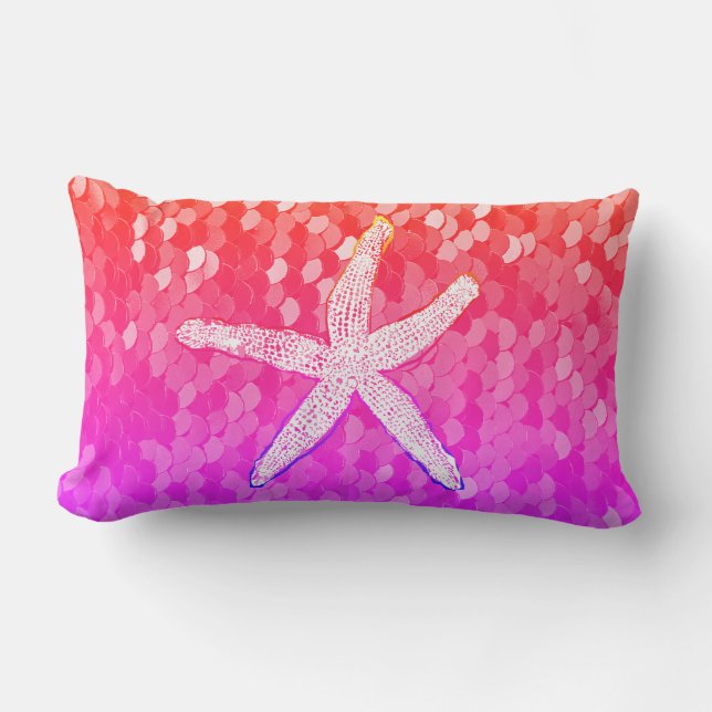 White Starfish Glittery Mermaid Sequins Pink Cute Lumbar Pillow (Front)