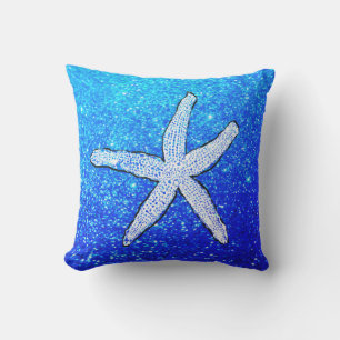 White Starfish Glittery Sparkly Beach Deep Blue Outdoor Pillow