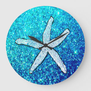 White Starfish Glittery Sparkly Teal Blue Cute Large Clock