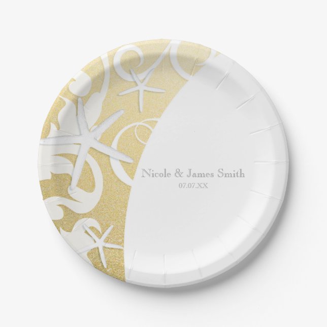 White Starfish Gold Beach Elegant Wedding Paper Plate (Front)