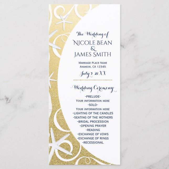 White Starfish Gold Beach Wedding Programme (Devant)