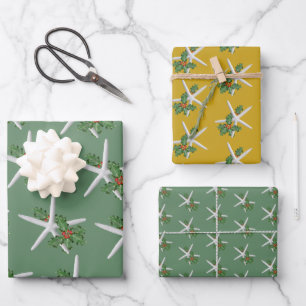 White Starfish Holly Pattern Christmas  Wrapping Paper Sheet