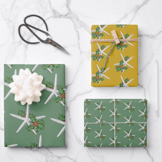 White Starfish Holly Pattern Christmas  Wrapping Paper Sheet (Front)