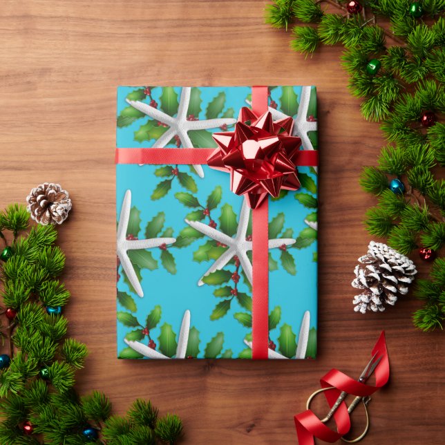 White Starfish n Holly Christmas Aqua Wrapping Paper (Holiday Gift)