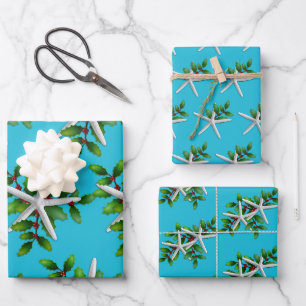 White Starfish n Holly Christmas Aqua Wrapping Paper Sheet
