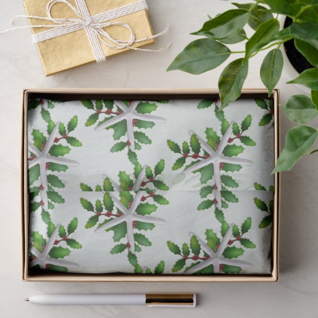 White Starfish n Holly Pale Green Tissue Paper (Gift)