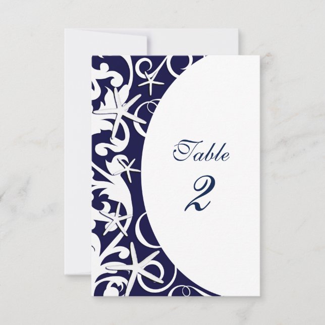 White Starfish Navy Blue Beach Table Numbers (Front)