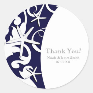 White Starfish Navy Blue Elegant Beach Wedding Classic Round Sticker