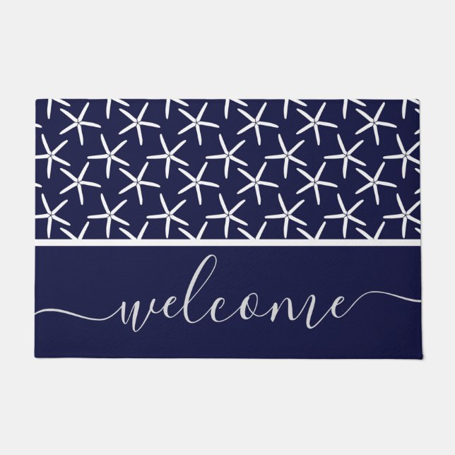 White starfish on a navy blue background doormat (Front)