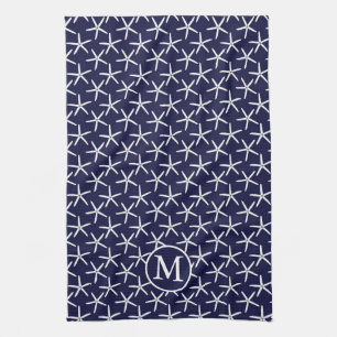 White starfish on a navy blue background kitchen towel