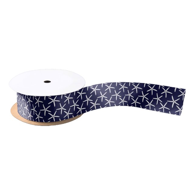 White starfish on a navy blue background satin ribbon (Spool)
