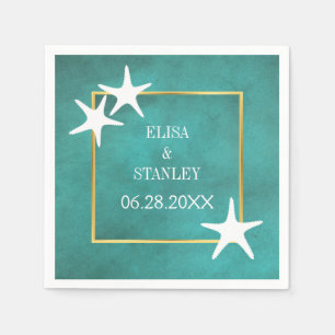White starfish on teal stained beach wedding napkin