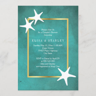 White starfish on teal wedding couples shower invitation