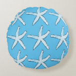 White Starfish Pattern Beach Sky Blue Christmas Round Pillow<br><div class="desc">Designed with starfish patterns in sky blue background. You may change the background colour as you like.</div>