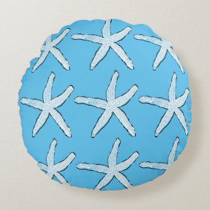 White Starfish Pattern Beach Sky Blue Christmas Round Pillow