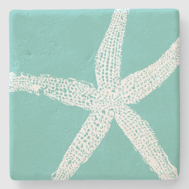 White Starfish Pattern Beach Teal Blue Nautical Stone Coaster (Front)