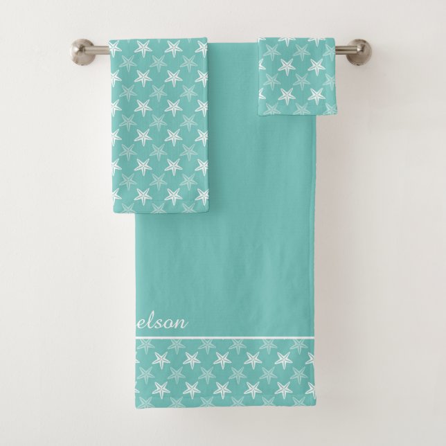 White Starfish Pattern on Teal Blue  Bath Towel Set (Insitu)