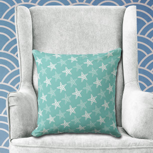 White Starfish Pattern on Teal Blue Throw Pillow