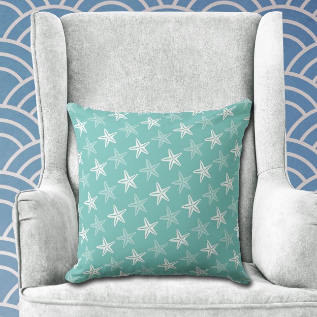 White Starfish Pattern on Teal Blue Throw Pillow (Creator Uploaded)