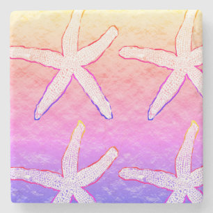 White Starfish Patterns Golden Foil Pink Cute Stone Coaster
