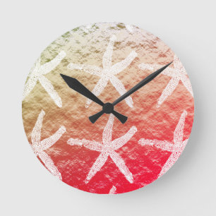 White Starfish Patterns Golden Foil Pink Ombre Round Clock