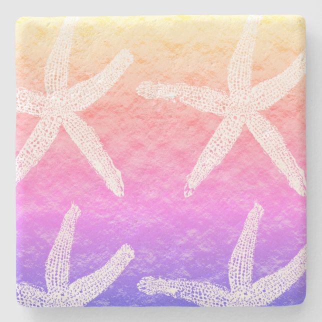 White Starfish Patterns Golden Foil Pink Purple Stone Coaster (Front)