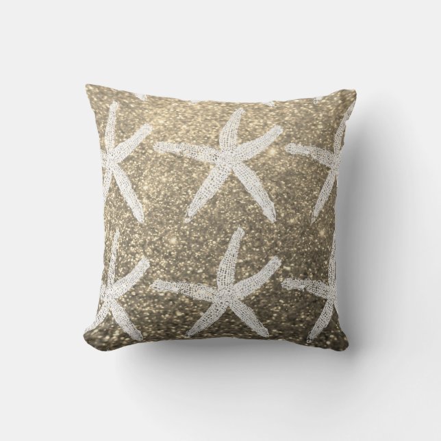 White Starfish Patterns Golden Glitter Cute Beach Outdoor Pillow (Front)