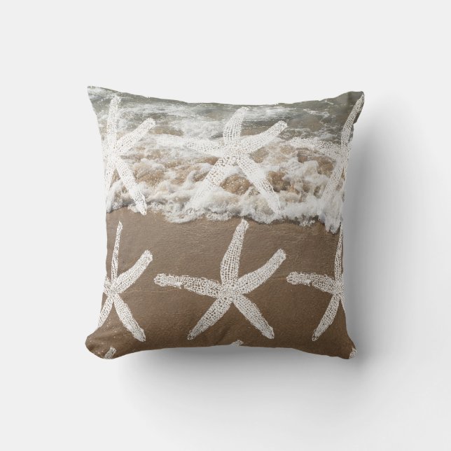 White Starfish Patterns Nautical Sandy Beach Ocean Outdoor Pillow (Front)