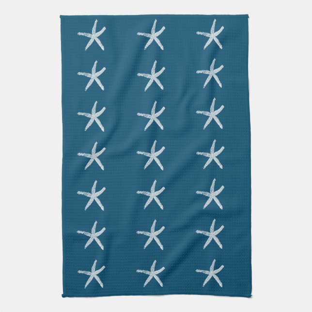 White Starfish Patterns Ocean Blue Custom Colour Kitchen Towel (Vertical)