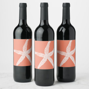 White Starfish Patterns Salmon Pink Orange Cool Wine Label