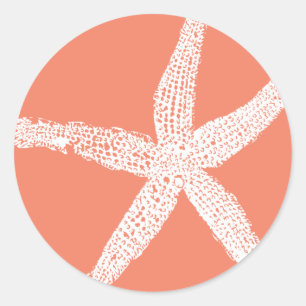 White Starfish Patterns Salmon Pink Orange Cute Classic Round Sticker