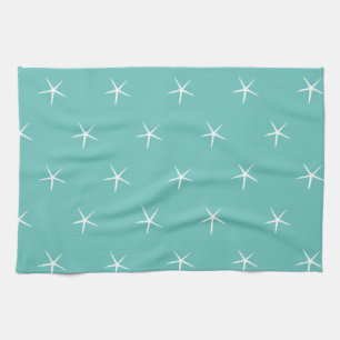 White Starfish Patterns Teal Blue Nautical Beach Kitchen Towel