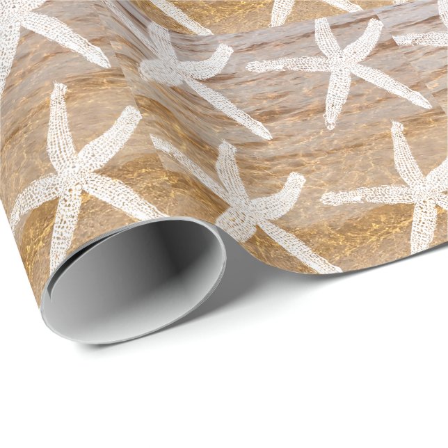 White Starfish Patterns Water Nautical Sandy Beach Wrapping Paper (Roll Corner)