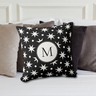 White Stars And Dots On Black Monogram  Throw Pillow