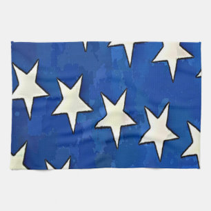 White Stars Blue Background Kitchen Towel