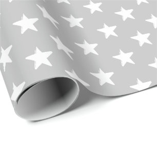 White Stars, Light Grey Winter Holidays Christmas Wrapping Paper