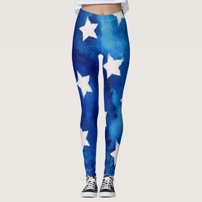 White Stars on Blue Watercolor Leggings (Front)