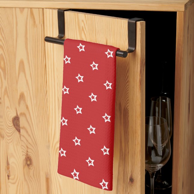White Stars on Bright Red Pattern Kitchen Towel (Thirds Fold)