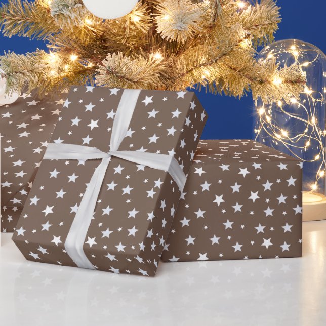White Stars on Brown Christmas Holidays  Wrapping Paper (Holidays)